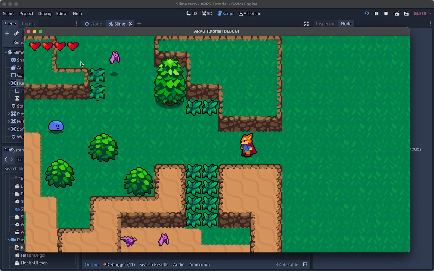 Godot editor and action rpg game running